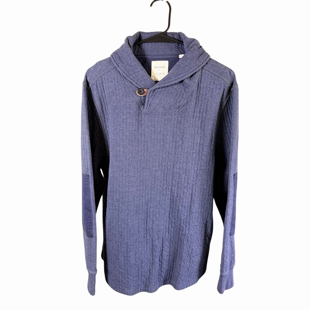 Billy Reid Mens Pullover Quilted L Navy Blue Elbow Patches Kangaroo Pouch Preppy